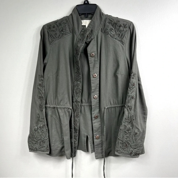Love SAM Anthropology Travis Cargo Jacket Military Olive Beaded Embroidered XS - Picture 1 of 12
